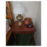 Wood Side Table, Oil Lamp