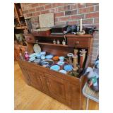 Wooden Hutch, Server, Plates, Butter Bell, Textile Bobbins/Spools