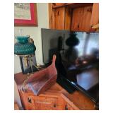 Vizio TV, Wooden Grain Scoop, Brass Lamp with Green Glass 