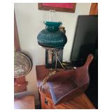 Wooden Grain Scoop, Brass Lamp with Green Glass