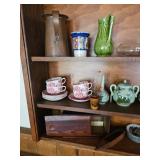 Tea cups with Saucers, Metal Pitcher, Vase