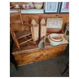 Small Woodem Rocking Chair, Wooden Storage Chest, Stoneware bowls, Frank Siddalls Soap Box