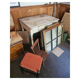 Wooden Desk with Drawer, Wooden Windows, Stool, Small Wood Chair