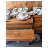 China Set, Wooden Drop Leaf Table and Bench