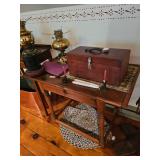 Wood Table, Candlestick holders, Brass Lamp
