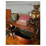 Copper Basin, Wood Table, Lamp