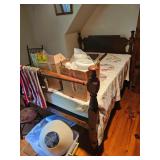 Wood Bed Frame, Brass Lamps and Glass Shades