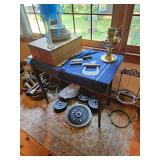 Exercise Weights, Brass Lamp, China plates, Oriental Rug