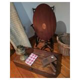 Brass Lamp Base, Wood Storage Box, Flip Top Table