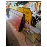 Oil Painting by James E Hughes, Wood Door Panels, Metal Sign