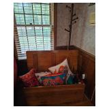 Wooden Chest, Throw Pillows. Coat Rack 