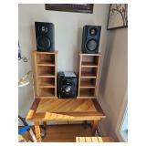 Stereo Components, Speakers, BookShelves, Wooden Table