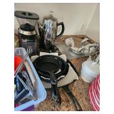 Cast Iron Pans, Coffee Percolator, Blender, Cookie Sheet, Utensils