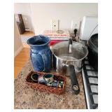 Stainless Pots with Lids, Stone Pitcher, Napkin Rings