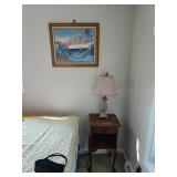 Wall Art, Side Table, Lamp, Hand Bag, Bed