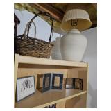 Table Lamp, Basket, Bookshelf