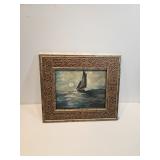 Antique Framed Pil On Board Painting Sailboat In Rough Water 