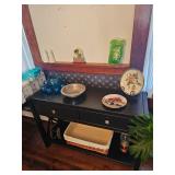 Wood Table, Basket, Plates, Glassware