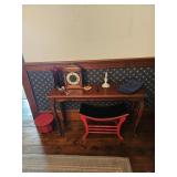 Wooden Table, Tabletop Clock, Candlestick Holder, Bench