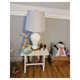 Wicker Table, Table Lamp, Picnic Basket, Snowman Throw Pillow