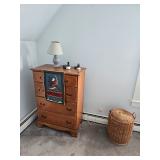 Wood Dresser, Lamp, Wicker Clothes Basket/Hamper