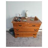 Wooden Dresser, Waste Basket, Vase