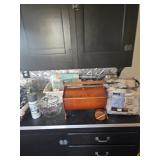 Glass Jar, Vintage Sewing Box with supplies