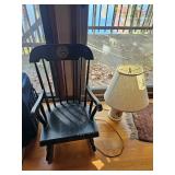Vintage wooden rocking chair, Side table lamp