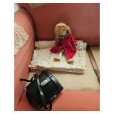 Lace tablecloth, doll with red dress, 