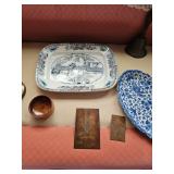 Brass/copper plates, wooden small bowl, Antique ironstone platter, English Chinese pattern platter, 