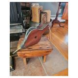 fireplace bellows, small wooden stool