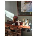 candle sticks brass, loon figurine, small outhouse, Willow Tree figurine