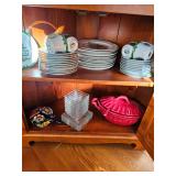 Spode Christmas plates and mugs, Red soup tureen, small glass square appetizer bowls and plates