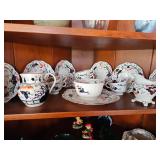 China Vintage folk art pottery, floral pattern china, white, red and black china set