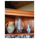 Glass pitcher, small bud vase, pottery pitcher