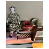 Vintage doll with floral dress, Seashell book ends, round wooded locking case