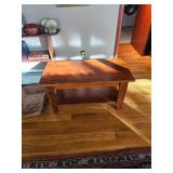 wood coffee table, two tiered coffee table, coffee table with display shelf