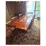 Large farm style wooden table and 6 chairs, Vintage oriental fringed rug