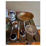 Brass bowl, Oil & Vinegar cruet, trivet, silver spoons