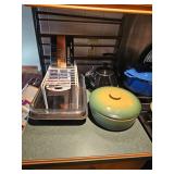 Cast Iron Lidded pot, tea kettles, Wired cabinet shelf divider