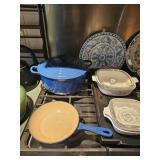 Cast Iron Large lidded dbl handed pot, Cast Iron fry pan, Corning Revere Wear, Blue Flower, Corn Flo