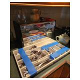 Full set ready to go casual everyday silverware set, Ceramic teapot, glass and ceramic cream pitcher