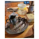 Silver platter, Silver creamer, nesting glass dishes, microwave covered dish, wild rice utensil croc