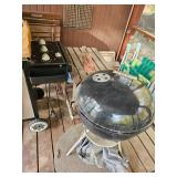 Charcoal BBQ, Cover, Old fashioned folding chairs in green