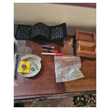 Folding travel keyboard, Silver dish, wooden box