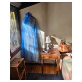 Old Vintage Wedding Dress... Keeping it covered for preservation, wooden baskets, Side wood table, s