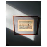 Framed artwork, harbor scene with boats