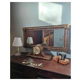 Long rectangle ornate mirror, Desk/table lamp, Mantel clock, small sewing machine, assorted crystals