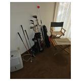 Golf bag, golf clubs, stage chair