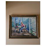 Framed painting of a young boy reading